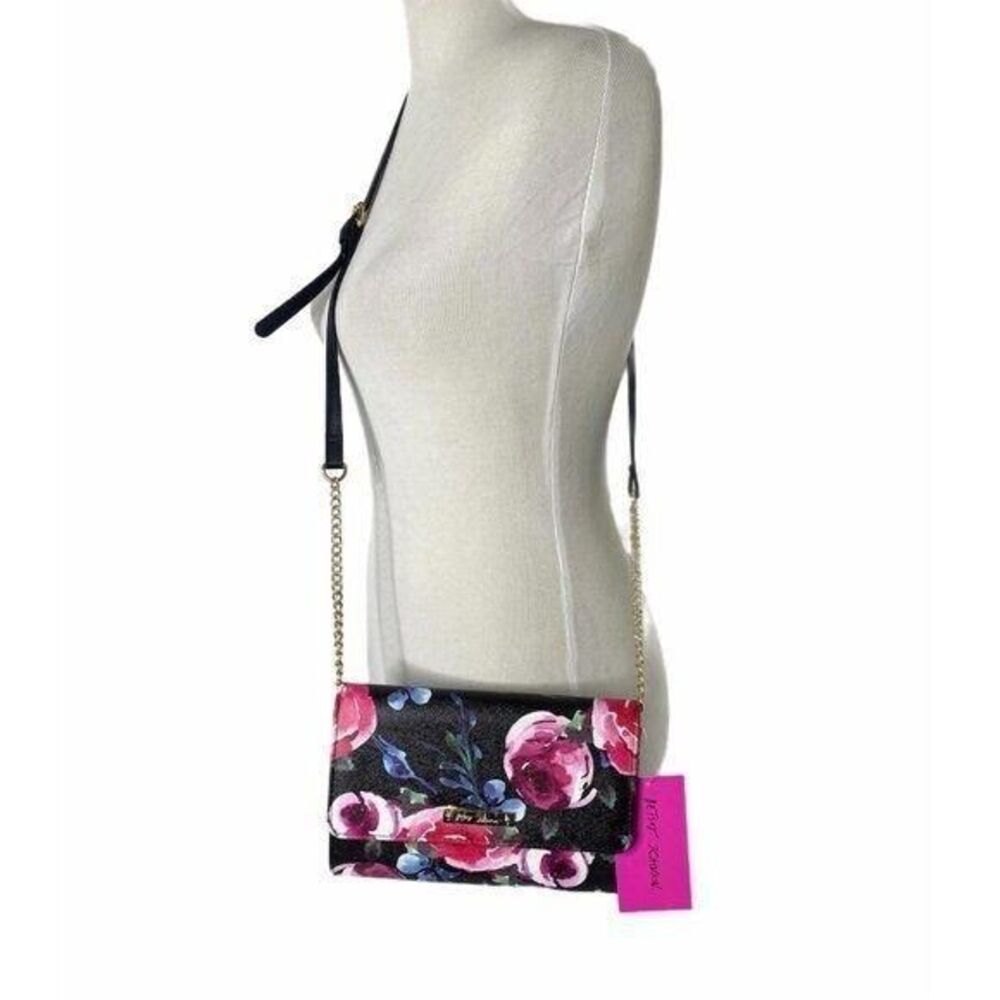 Betsey Johnson Xhosa Crossbody Purse Black and Pink Floral Pattern Mini Bag Size